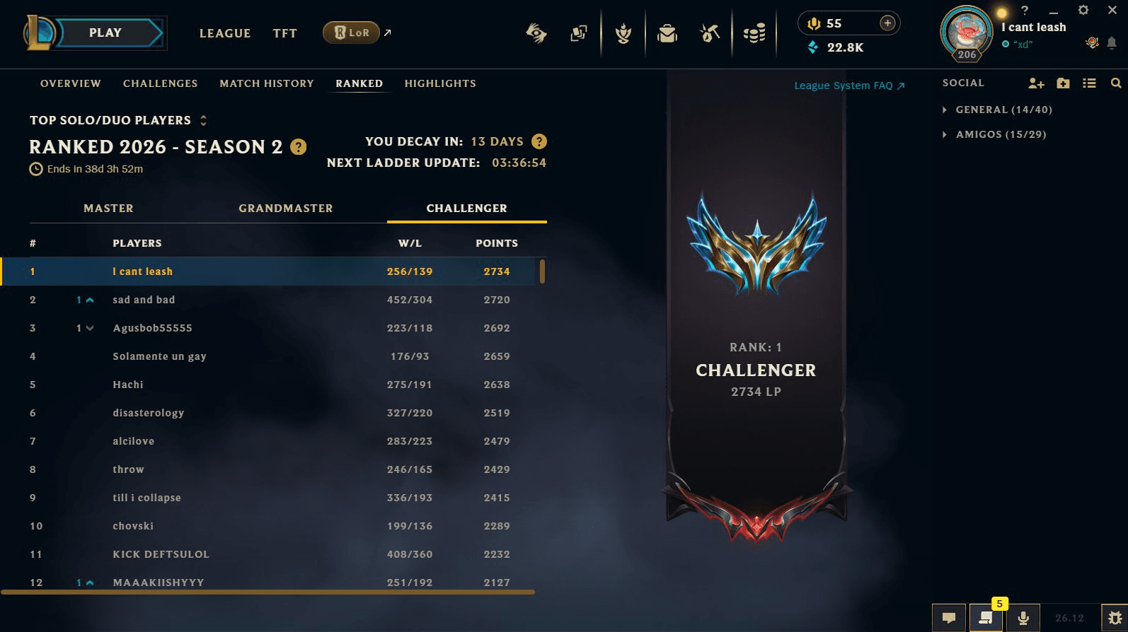 In-client ranked screen showing Rank 1 Challenger, 2734 LP